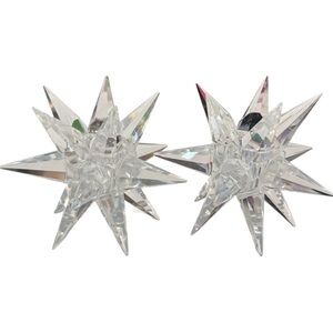 Crystal Starburst Candle Holders Pair MCM Atomic Cut Clear 4.75in Taper Decor